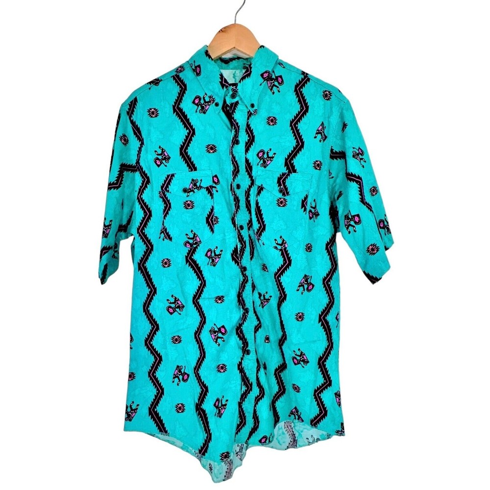 Vintage Wrangler Western Shirt Aztec Teal Cowboy Cut X-Long Tails Men's 17 - Picture 10 of 13